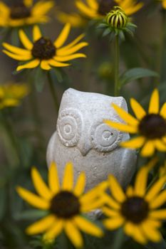 Small owl figurine between rudbeckia flower blooms