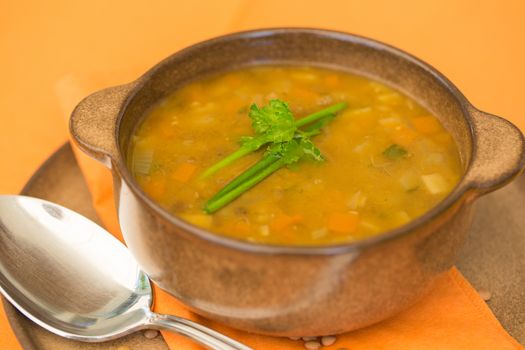 Bowl of lentil soup with vegetables and parsley