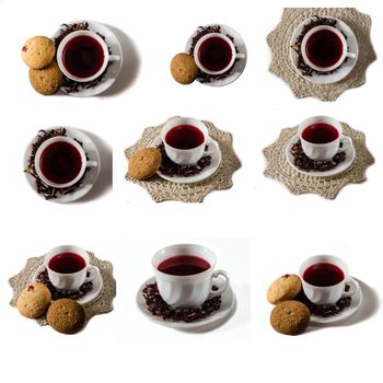 Cup of Karkadeh Red Tea with Dry Flowers and cookies isolated on a white background