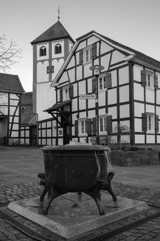 Center of village Odenthal with parish church and old buildings, Bergisches Land, Germany