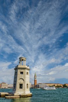 Old Stone Tower in Channel Outside San Giorgio Maggiore Church in Venice