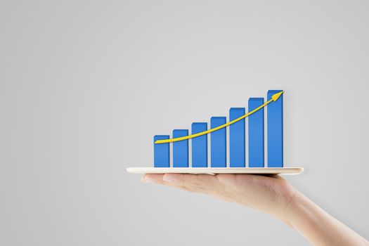 business man holding tablet presenting financial growth concept.