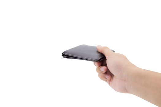 Male hand holding wallet isolated over white background with clipping path.