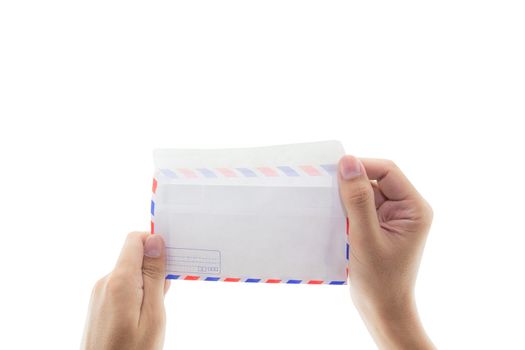 open envelope with hand isolated on white background - clipping part.
