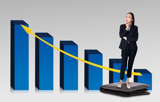View of a businesswoman with standing wallet thiniking about business with graph finance concept.