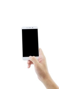 hand holding white phone isolated on white background - clipping path.