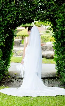 beautiful young woman on wedding day in white dress in the garden - Female portrait in the park - Selective focus.