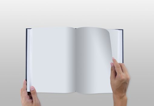 Hand opening white journal with blank pages mockup - magazine template mock up.