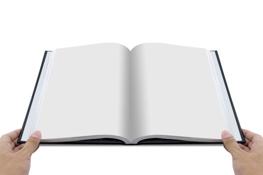 Hand opening white journal with blank pages mockup - magazine template mock up.
