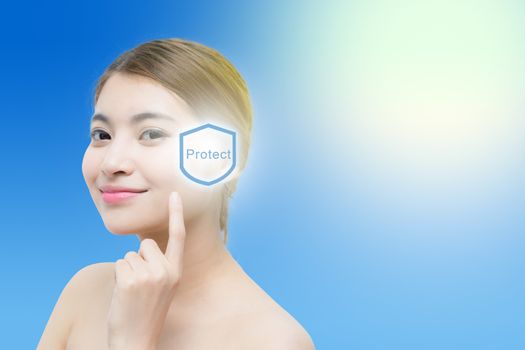 Beautiful woman face with sunshine, concept for skin care and sun block, beauty concept.