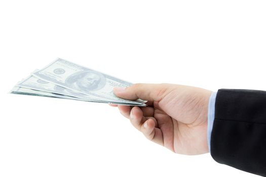 hand holding 100 Dollar bills isolated on white background, clipping part.