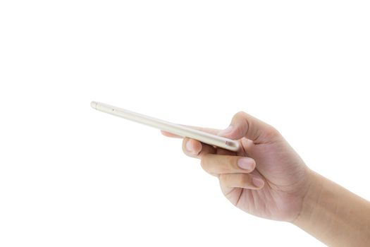 hand holding white phone isolated on white background - clipping path.