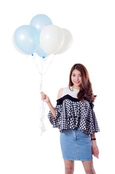 Young woman holding balloons isolated on white background lifestyle concept.