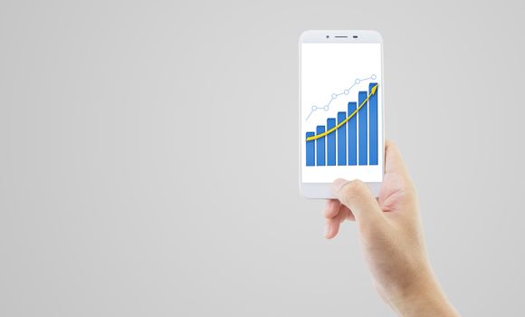 business man holding phone presenting finance growth concept with graph.