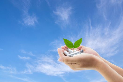 Batteries in hand with leaf environment on sky background - Energy saving concept.