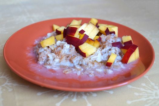 oatmeal porridge with chopped fresh peach in a plate with a spoon, vegetarian breakfast.