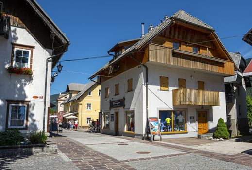 view of the main street in the historical center of Kranjska Gora, Slovenia