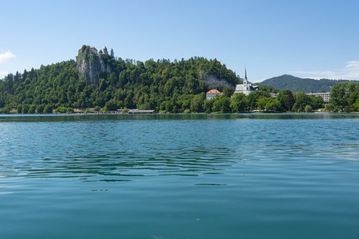 view of the lake with the castle in the background in Bled, Slovenia