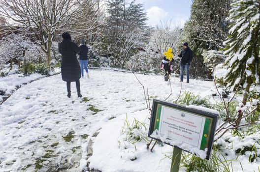 Katoomba, Blue Mountains, Australia, 10 August 2019: Tourists enjoying the snowy gardens at historic Carrington Hotel in Katoomba after a winter snowfall