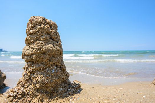 A pile of wet sand on the seashore, on the right there is an empty place for inscription