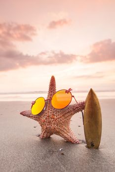 Starfish surfer in sunglasses on the beach and beautiful sunset on Bali