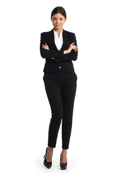 Business woman standing in full length isolated on white background. Beautiful Caucasian young female model in suit.