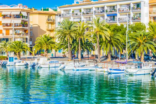Boats anchoring at the harbour of Alcudia on Mallorca island, Spain