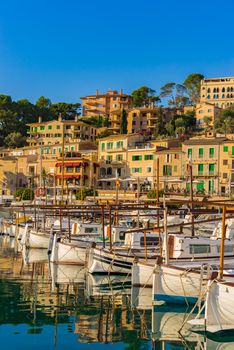 Idyllic view of Port de Soller harbor on Mallorca island, Spain Mediterranean Sea