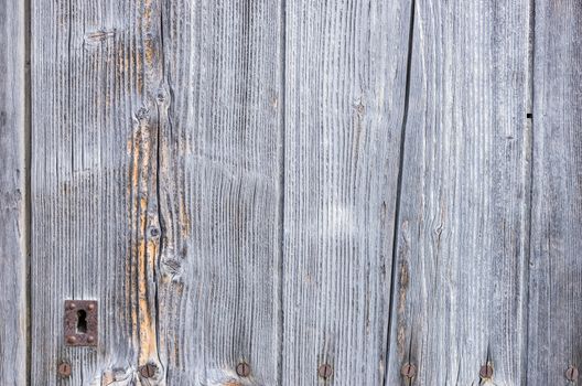Closeup of an old wooden entrance front door with keyhole