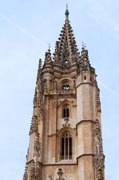 Oviedo, Spain - 11 December 2018: Bell-tower of The Metropolitan Cathedral Basilica of the Holy Saviour or Cathedral of San Salvador