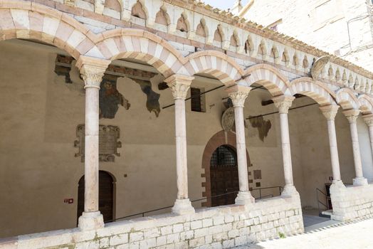 assisi,italy july 11 2020 :architecture of streets and buildings in the historic center of assisi