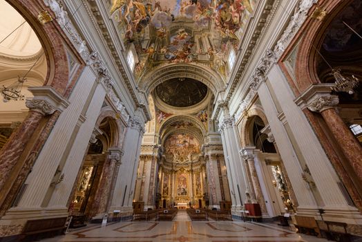 Rome, Italy - 16 Feb 2020: Painted vaults of Saint Ignatius church, with trompe l oeil perspective by Renaissance painter Andrea Pozzo, in Rome, Italy