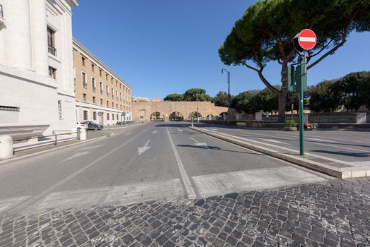 Rome, Italy - 10 March 2020: Piazza Pia is clear of any traffic in Rome, Italy. Popular tourist sites are empty following the nationwide coronavirus pandemic lockdown.