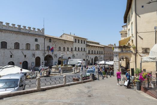 assisi,italy july 11 2020 :piazza del conune of assisi in the center of the town
