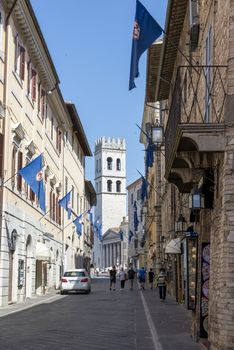 assisi,italy july 11 2020 :street santa chiara in the center of assisi