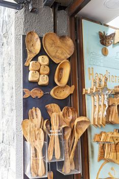 assisi,italy july 11 2020:handmade wooden kitchen utensils