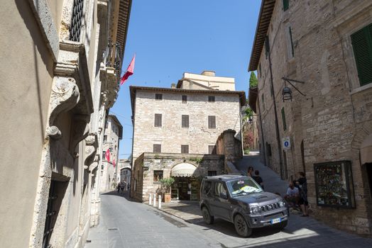 assisi,italy july 11 2020 :architecture of streets and buildings in the historic center of assisi