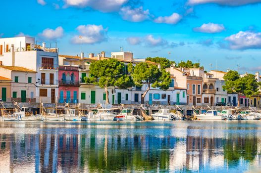 View of the beautiful seaside of the port of Portocolom on Mallorca, Spain Balearic Islands