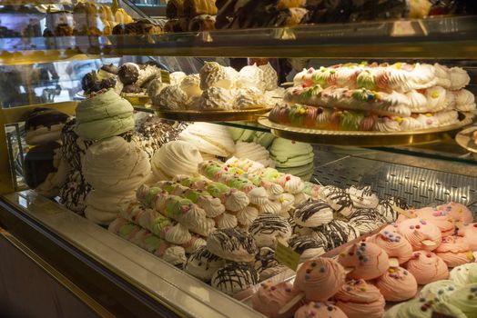 assisi,italy july 11 2020:wonderful desserts in the pastry shop