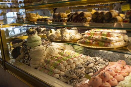 assisi,italy july 11 2020:wonderful desserts in the pastry shop