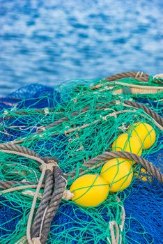 Close-up of commercial fishing net at harbor
