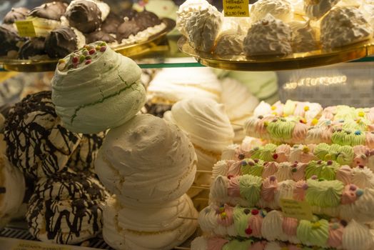 assisi,italy july 11 2020:wonderful desserts in the pastry shop