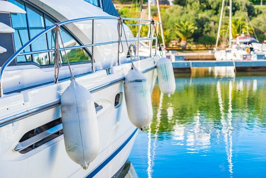 Close-up of luxury yacht moored at marina port