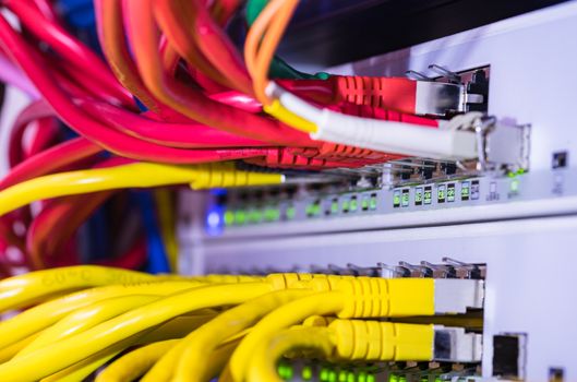 Close-up of network switch and cable, computer server, network hardware, ethernet hub