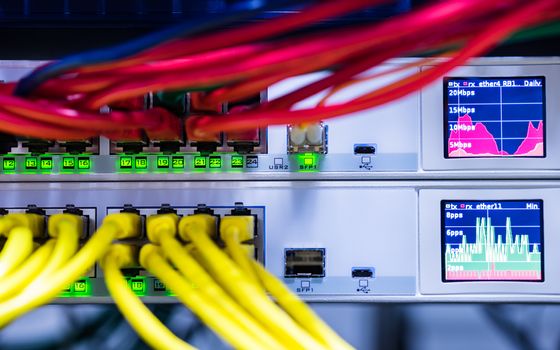 Close-up of network switch and cable, computer server, network hardware, ethernet hub