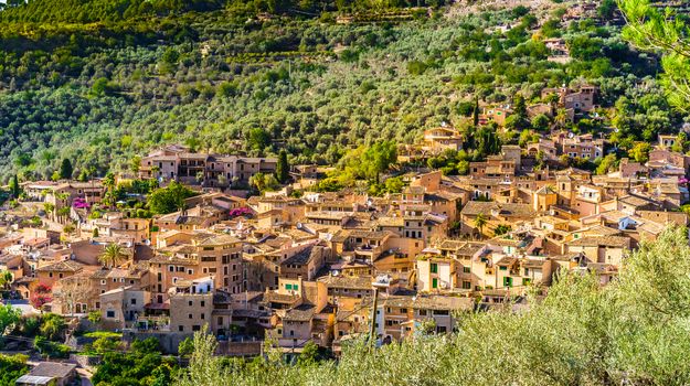 Mediterranean village Fornalutx in the mountains on Mallorca island, Spain Mediterranean Sea