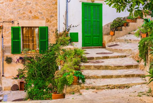 Typical houses at the old village of Banyalbufar on Mallorca island, Spain Mediterranean Sea