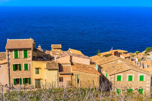 Old traditional village Banyalbufar at the coast on Mallorca island, Spain Mediterranean sea