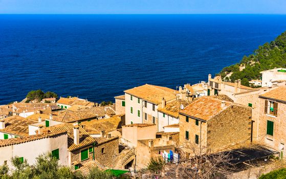 View of mediterranean village of Banyalbufar on Mallorca, Spain Mediterranean Sea