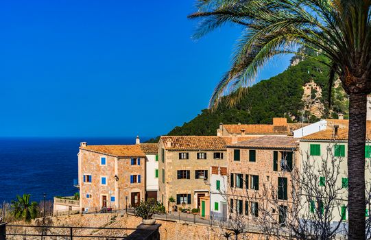 View of Banyalbufar village at the coastline on Mallorca island, Spain Mediterranean Sea
